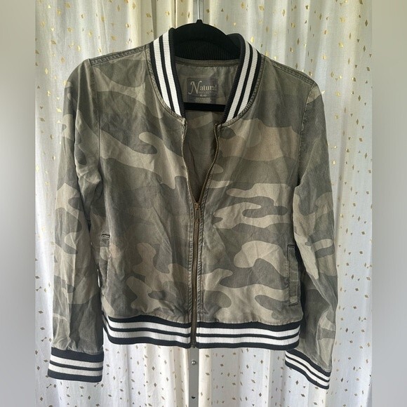 Natural Reflections Camo Chambray Like Ribbed Knit Trim Bomber Jacket Pockets S - Picture 3 of 10